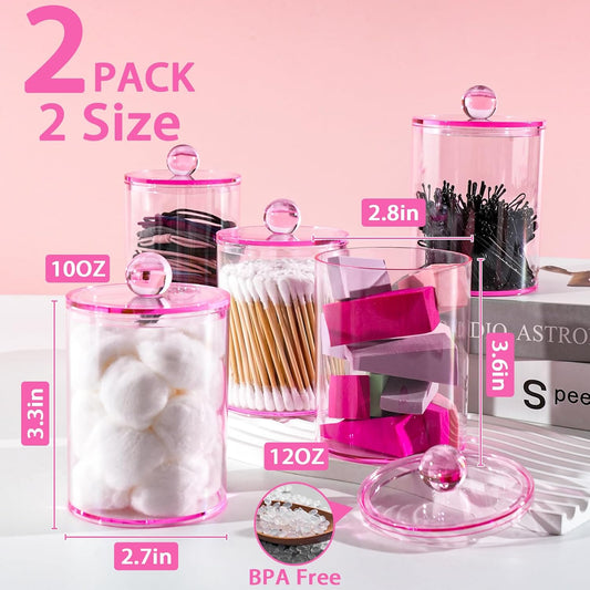 2 Pack Qtip Holder,Canister Apothecary Jar Set, Bathroom Jars with Lids Set for Cotton Swabs, Balls, Pads, Floss Picks,10oz-12oz Plastic Canisters Restroom Bedroom Vanity Organizer(Pink)