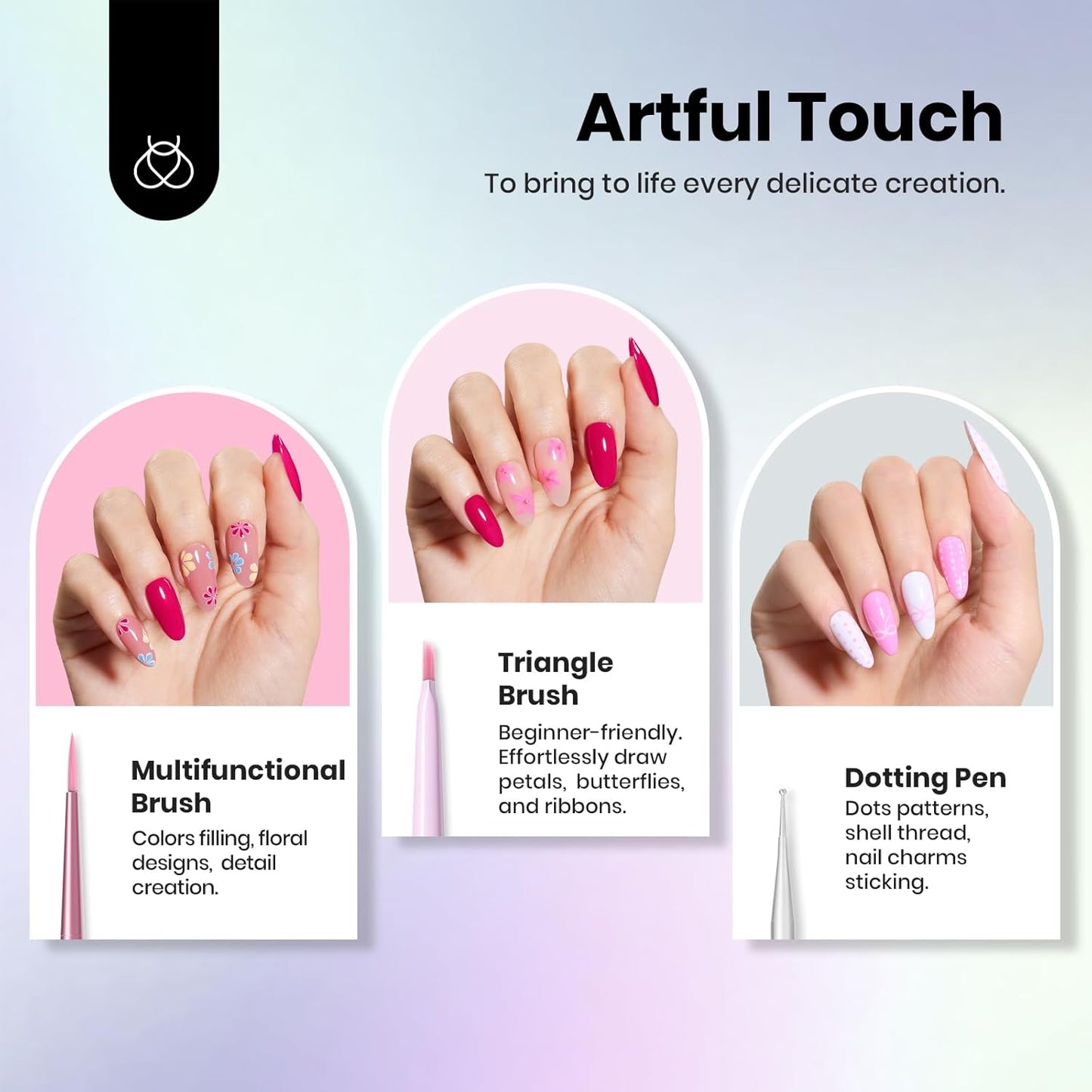 Beetles Nail Art Brushes Set for Gel Polish 8 Pcs - Nail Art Design Pen Fingernail Painting Dotting Tool, Liner Gradient Clean Up Brush DIY with Palette Rainbow Pastel Pen Set Manicure Kit