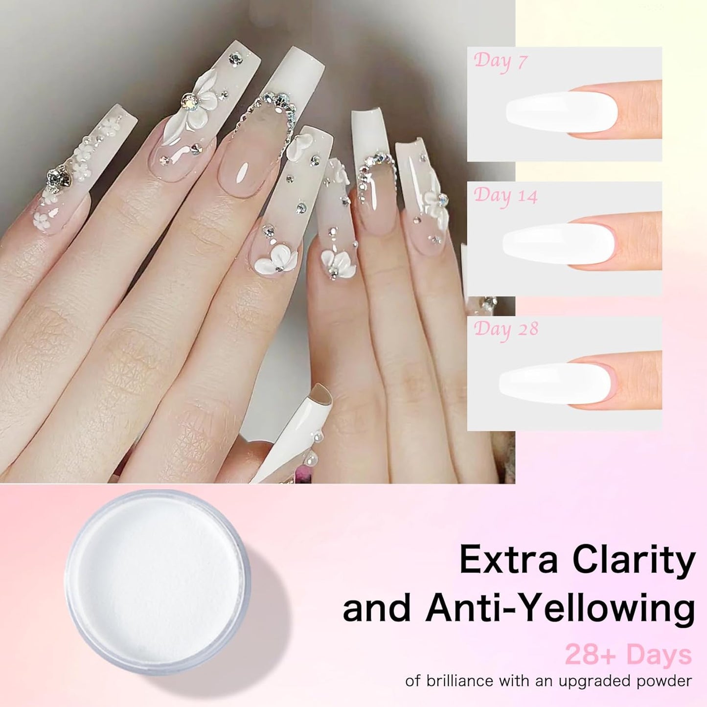 Super Acrylic Powder 28g: 3Pcs Large Capacity Pink Carnation Glitter White Nail Polymer for 3D Art Carving French Extension - 1oz. Pink Lemonade Professional Acrylic Powder No Need Lamp