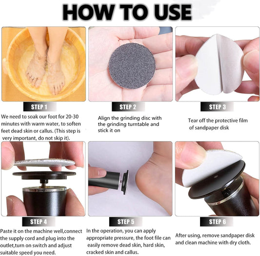 Electronic Foot File Grinder (Speed Adjustable) with 60pcs Replacement Sandpaper Disk，Electric Foot Scrubber Dead Skin Remover，for Feet Hard Cracked Dry Dead Skin Exfoliation，Unisex（Black）