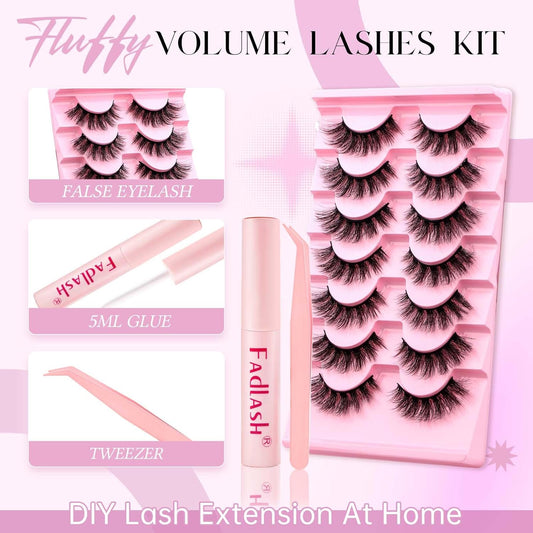 FADLASH False Eyelashes Kit Thick and Voluminous Cat Eye Lashes Wear Comfortable Fake Lashes with Thin Band 7 Pairs Lash Applicator Tool at Home, XH42