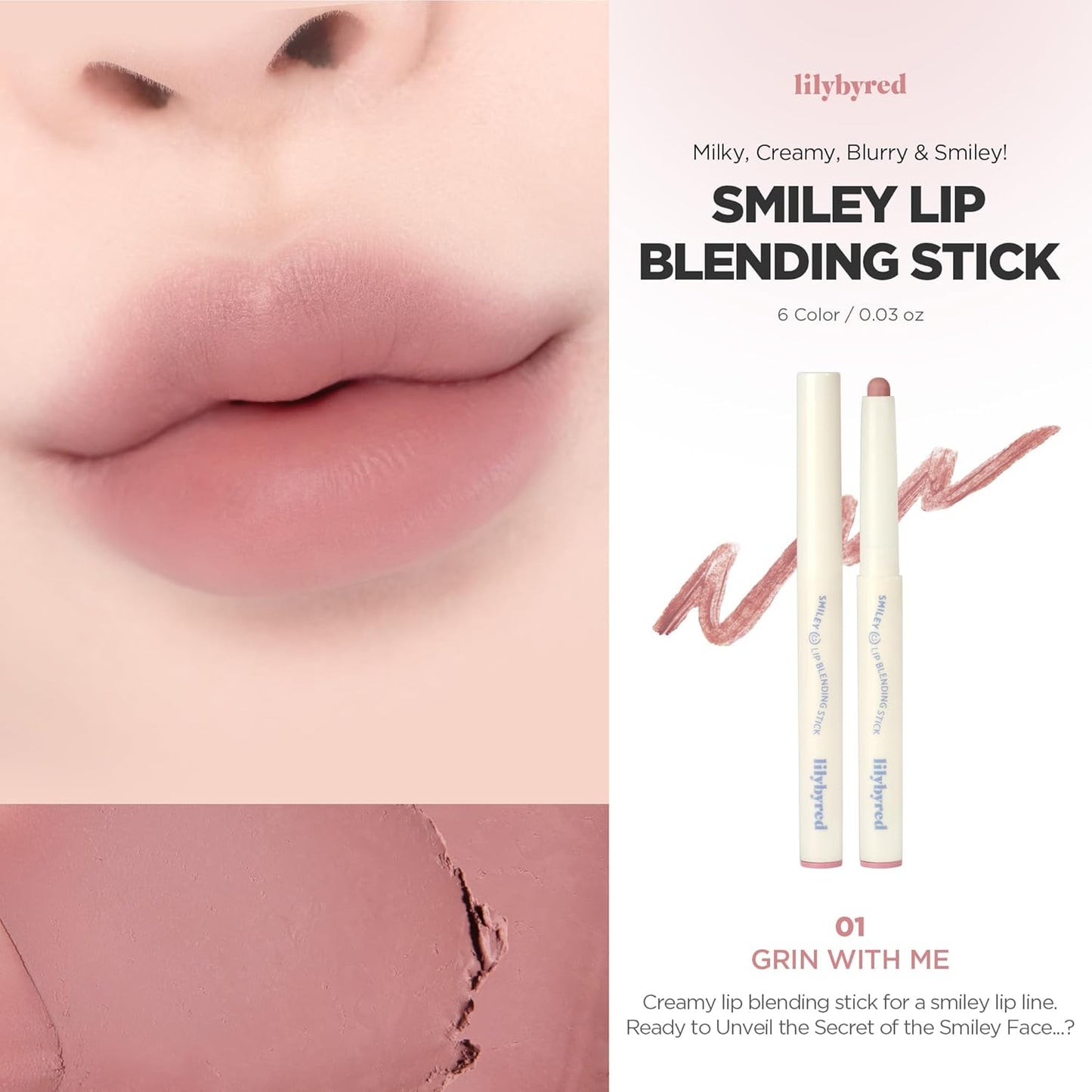 lilybyred Smiley Lip Blending Stick | Korean 3-in-1 Multi-Use Lip Liner, Smooth Creamy Texture, Long-Lasting Matte Finish, Soft Blur Effect, Precision Contour Pencil, 0.028 oz. (01 Grin with Me)