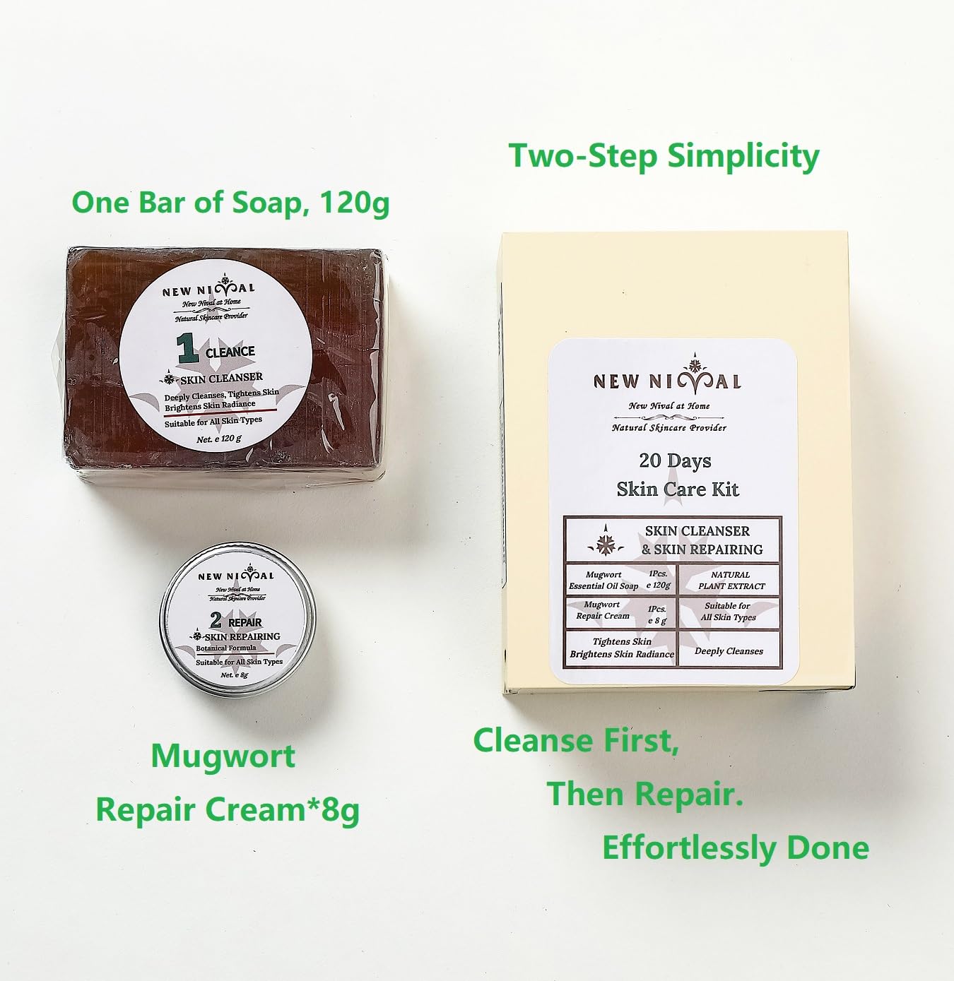 2 Step 20 Days Complete Acne Skin Care Kit.Acne Cleanser Pure Mugwort Essential Oil Soap Face Wash-Cleanse, Hydrate,Moisturize,Harmonize for Restored Skin Balance-1Pcs,120g