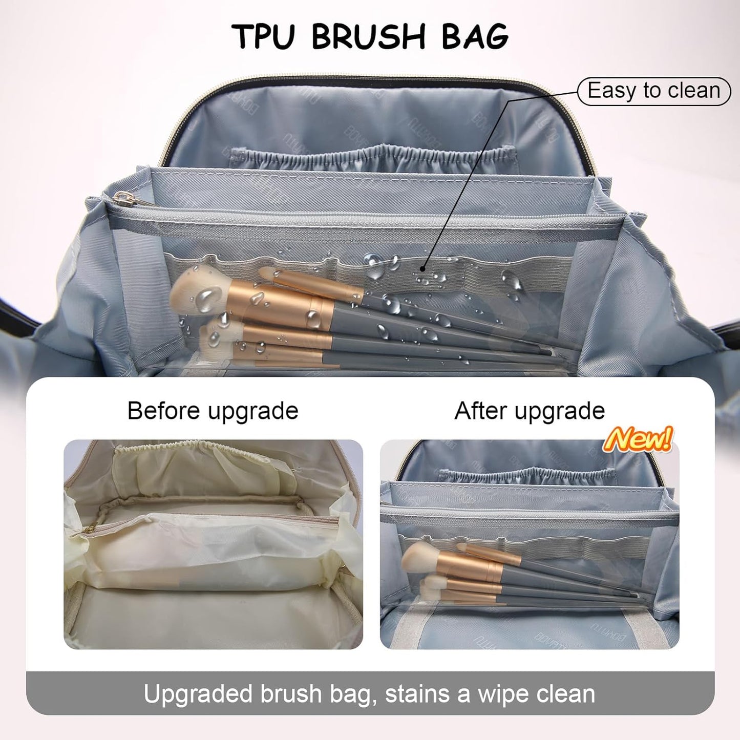 BOYATU Travel Makeup Bags for Women: 3 Piece Make up Bags Set - Large Cosmetic Bag - Vegan Leather Makeup Organizer - Portable Toiltery Bag with Divider & Handle (L05 Grey)