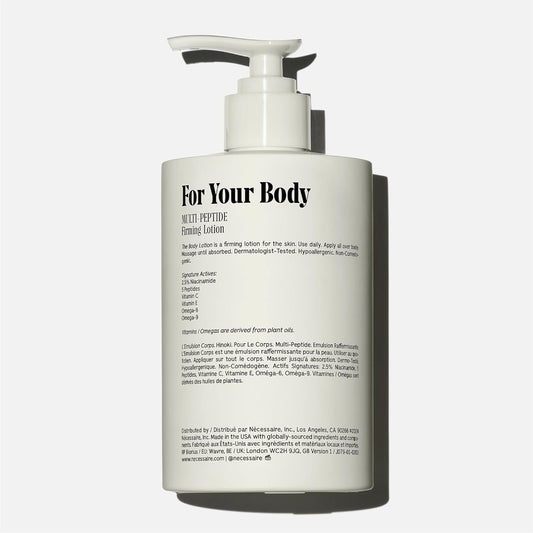 Nécessaire The Body Lotion with Pump. Hinoki. Multi-Peptide Firming Lotion to Moisturize, Firm, Strengthen. 2.5% Niacinamide, Vitamin C/E + Omega 6/9. 450ml / 15.2 fl oz