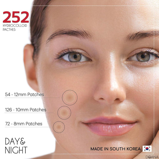 Korean Pimple Patches - 252 Count / Hydrocolloid Spot Stickers in 3 Sizes for Skin Imperfections. Covers Blemishes and Spots for Improved Appearance. Facial and Body Stickers, Day and Night Use