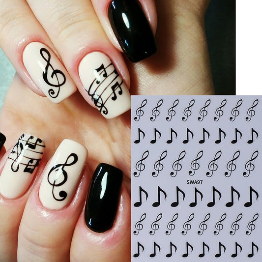 6 Sheets Musical Symbols Nail Art Stickers 3D Self-Adhesive Nails Sticker Music Notation Nails Art Decals Holographic Music Decal Decoration for Women Silver Black Manicure Stickers DIY Nail Supplies