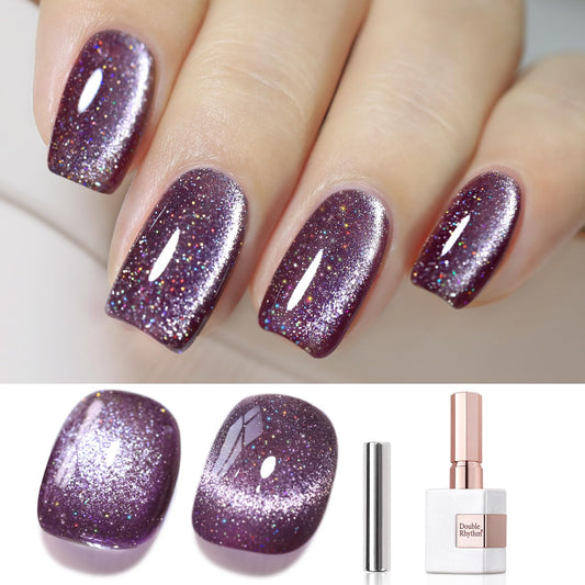 Double Rhythm 0.5 OZ Cat Eye Gel Polish with Magnet 15ML Holographic Glitter Shimmer Translucent Jelly Color Magnetic Nail Polish Salon DIY at Home (MC1062)