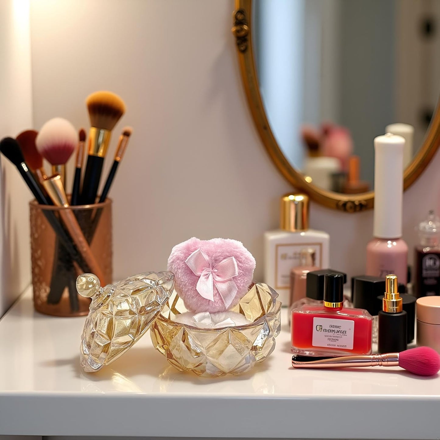 Body Powder Puff and Container - Glass Dusting Powder Container with 2 Soft Puffs Vintage Powder Puff Case for Women & Girls (3.94x3.94x4.53 H in) - GRB012-Amber