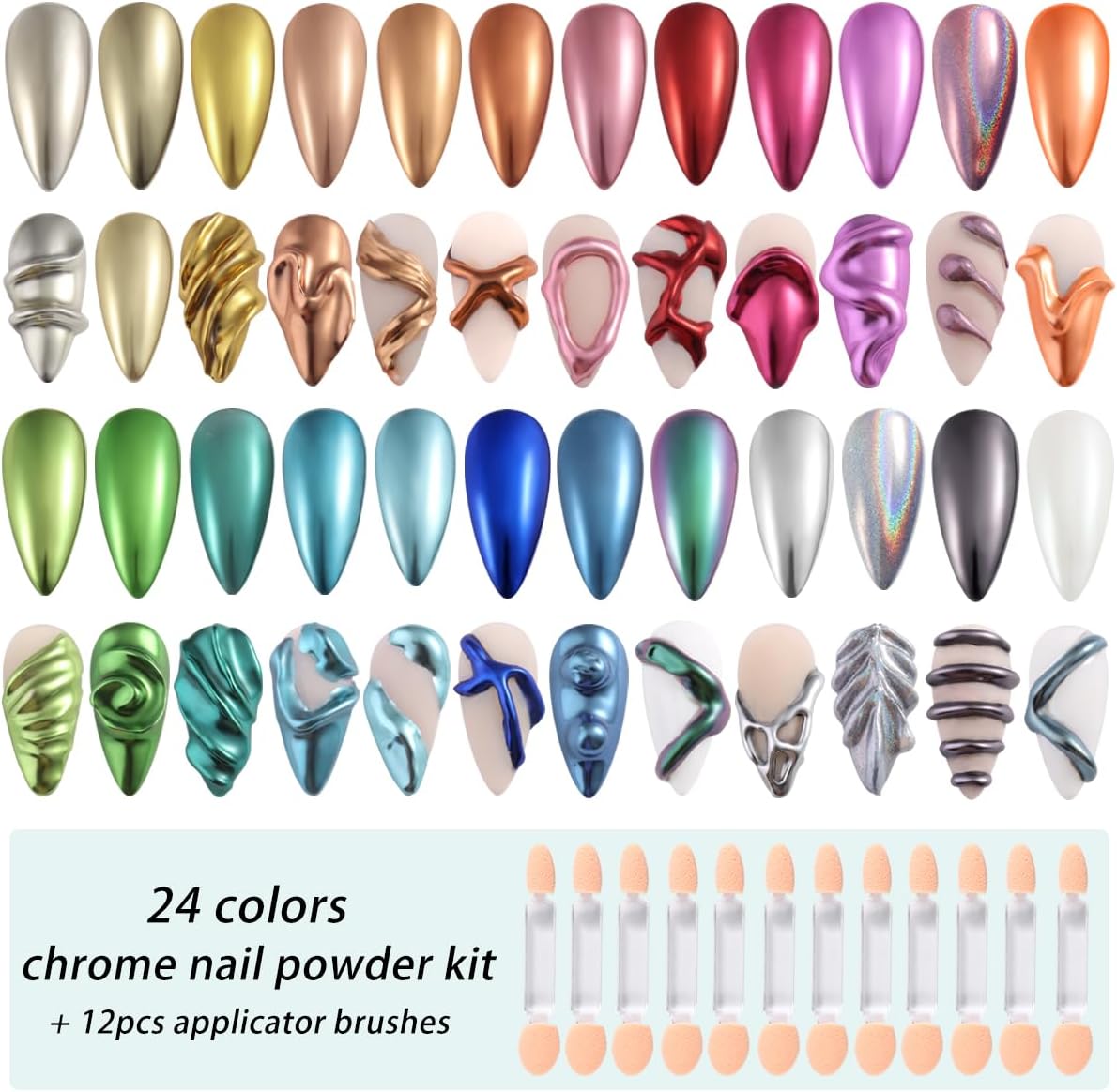 24 Colors Chrome Nail Powder Set Metallic Mirror Effect Gold Silver Pink Chrome Nail Powder White Pearl Iridescent Multi Chrome Powder for Nails Chameleon Rubbing Pigment Manicure Supplies