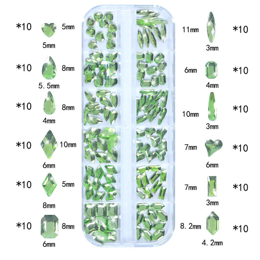 HNUIX Nail Rhinestones - 3D Multi Shape Size Crystal, Crystal Light Green, Flat Back, with Kit, for Nail Art, DIY Decorations