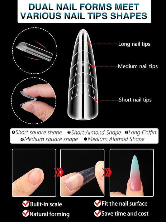 TOROKOM 288PCS Nail Dual Forms for French Nails, Dual Nail Forms Molds Acrylic Nail Tips, 144PCS Duet System Dual Forms Sticker Silicone Reusable Pads, 12 Styles Scale for Manicure Extension, Clear