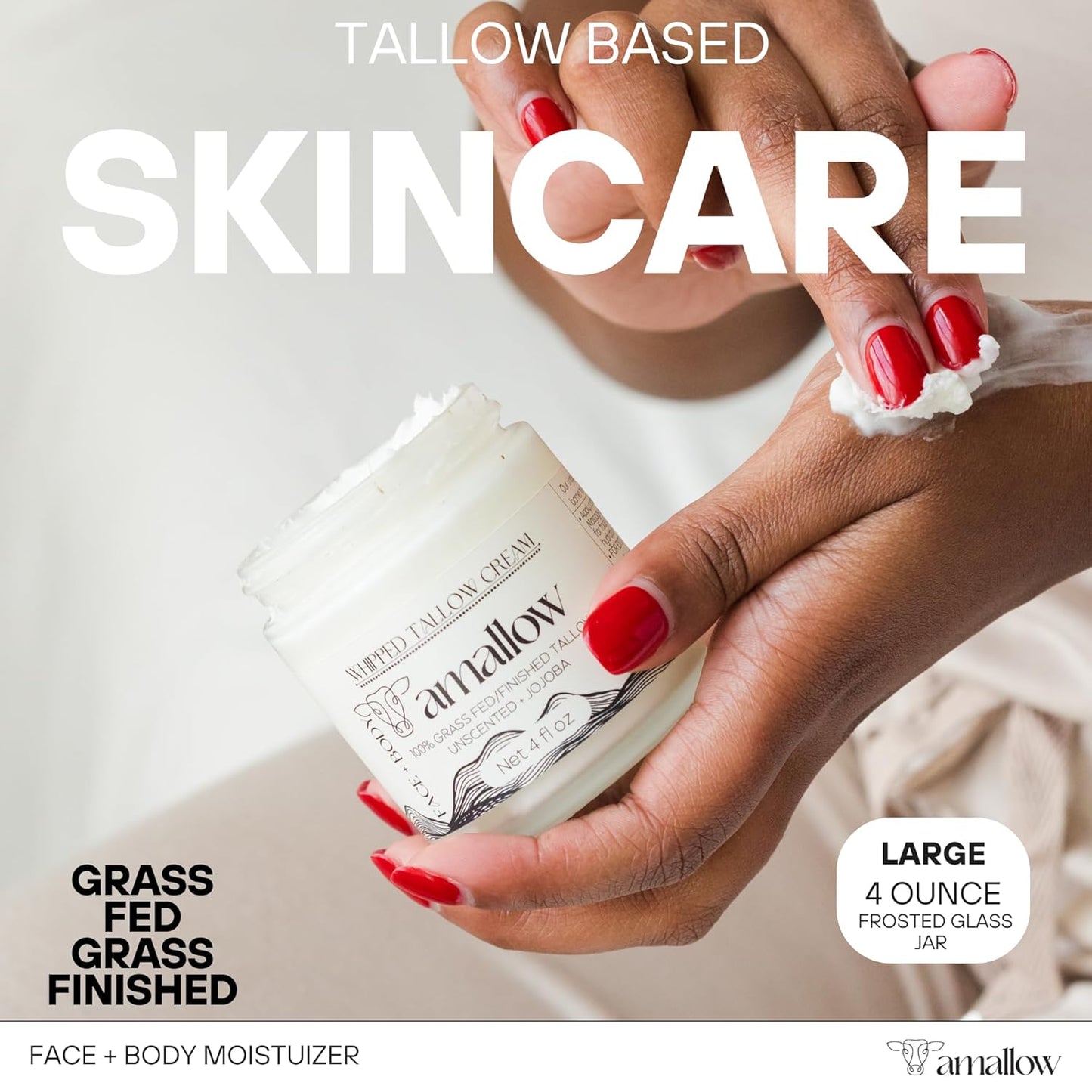 Amallow 100% Grass Fed Beef Tallow for Skin Care - Face + Body - Whipped Moisturizer for Sensitive Skin - Natural Lotion, 4 FL. oz. (Unscented + Jojoba Oil)