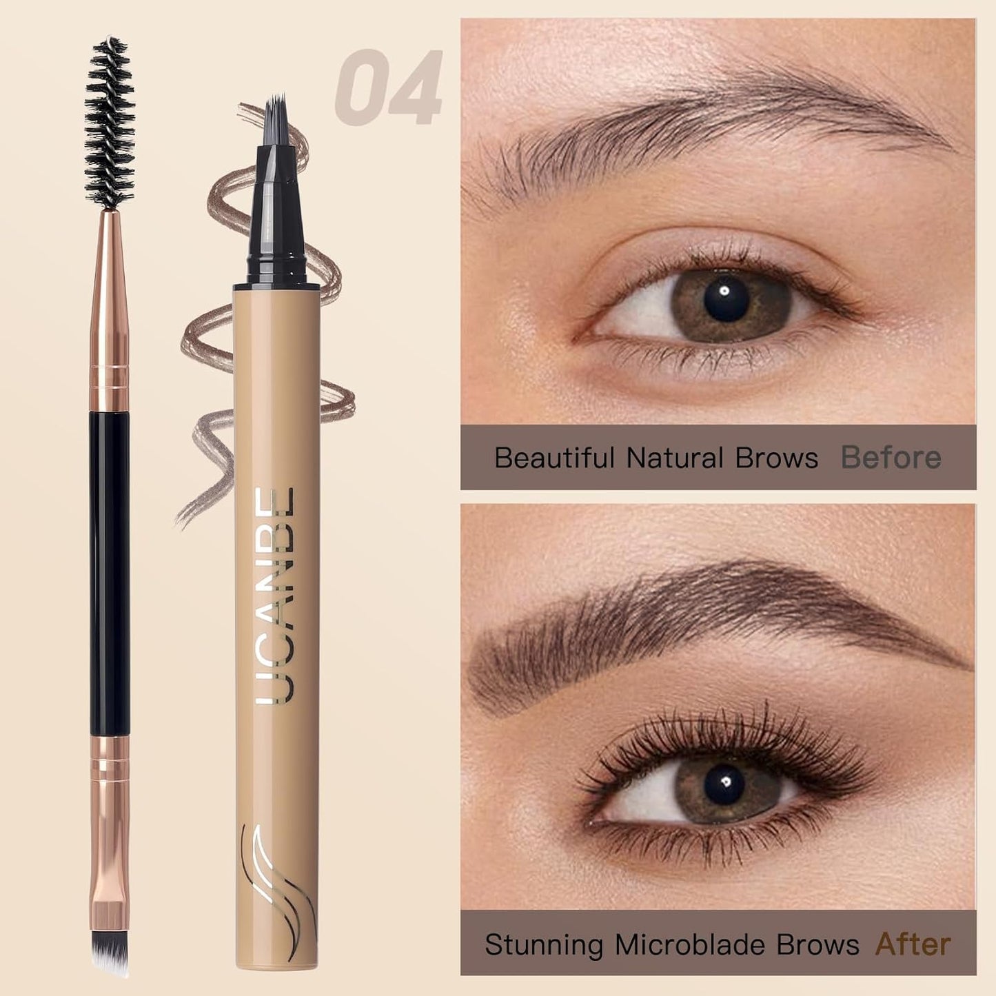 UCANBE Brow-Fection Angled Brush Eyebrow Pen, Liquid Microblading Eyebrow Pencils for Women, Wild Natural Brow Pen for Realistic Hair-Like Brows, Easy to Color, Waterproof, Lasts All Day, Ash Brown