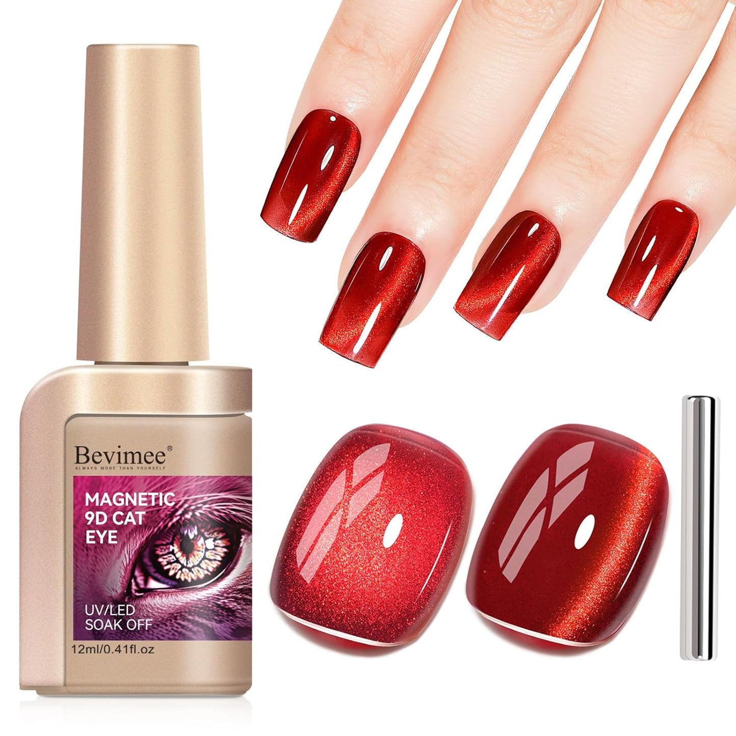 Cat Eye Magnetic Gel Nail Polish, Red Nail Polish Color Burgundy Red Moonlight UV Glitter Holographic With Magnet Manicure Salon DIY At Home
