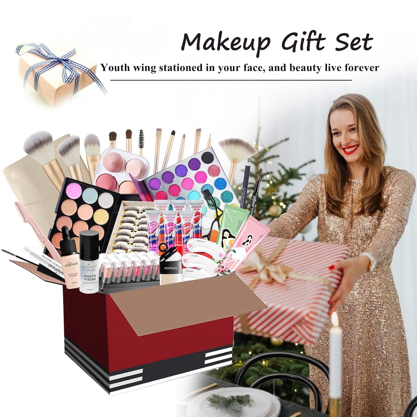 Pure Vie All-in-One Holiday Gift Surprise Makeup Set Essential Starter Bundle Include Eyeshadow Palette Lipstick Concealer Blush Mascara Eyeliner Face Powder Lipgloss Brush - Full Makeup Kit for Women