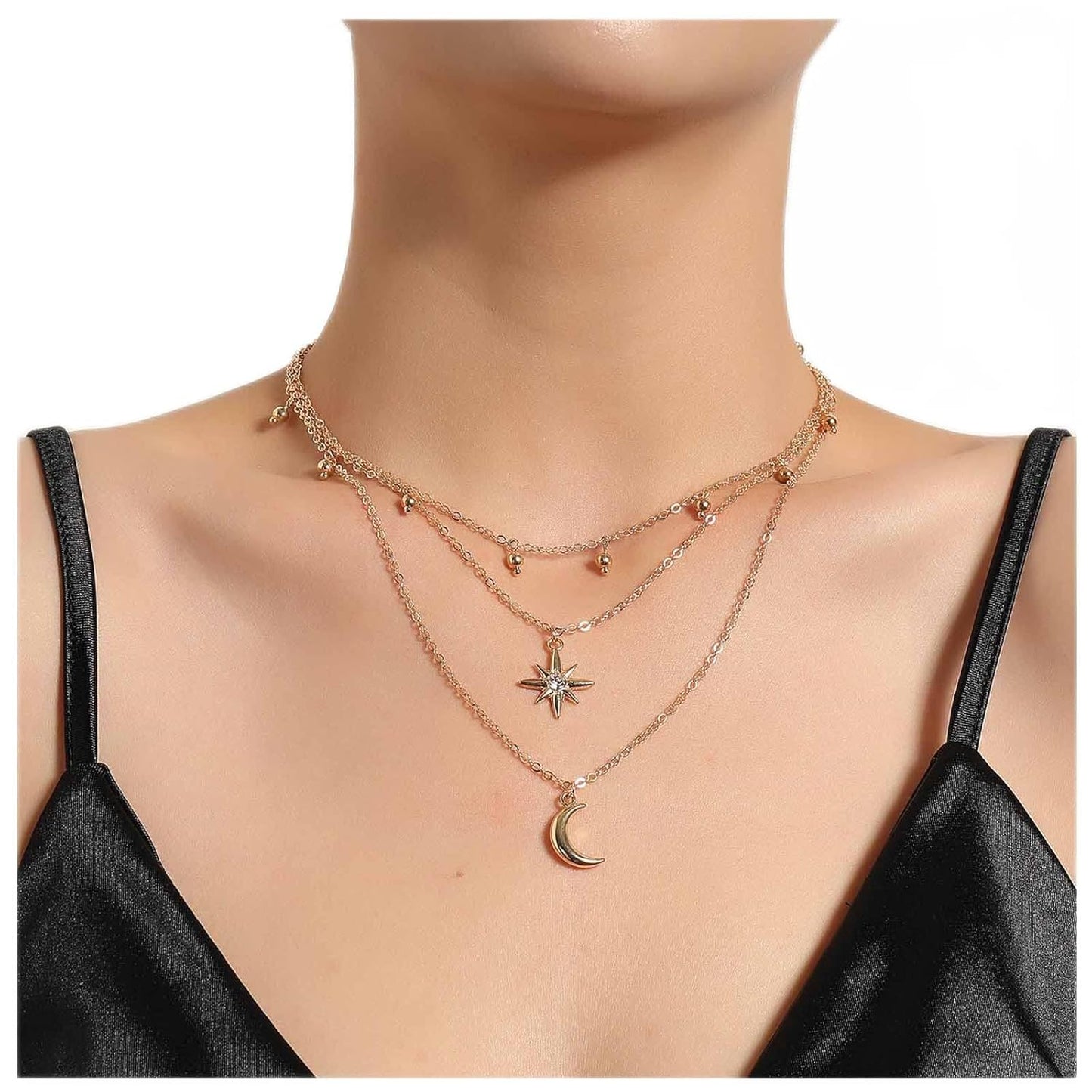 Bohemia Layered Star Choker Necklace Crescent Moon Pendant Necklace Chain Crystal Star Choker Necklace Gold Moon Necklace Jewelry for Women and Girls