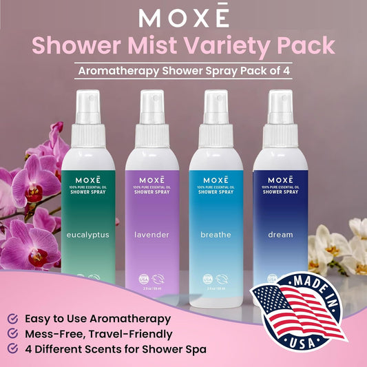 MOXE Aromatherapy Shower Mist Variety Pack, Eucalyptus, Lavender, Breathe and Dream, Spa Steam Spray, Natural 100% Essential Oils, Made in USA, Aromatherapy, Sinus Congestion Relief, 4 Pack (8oz)