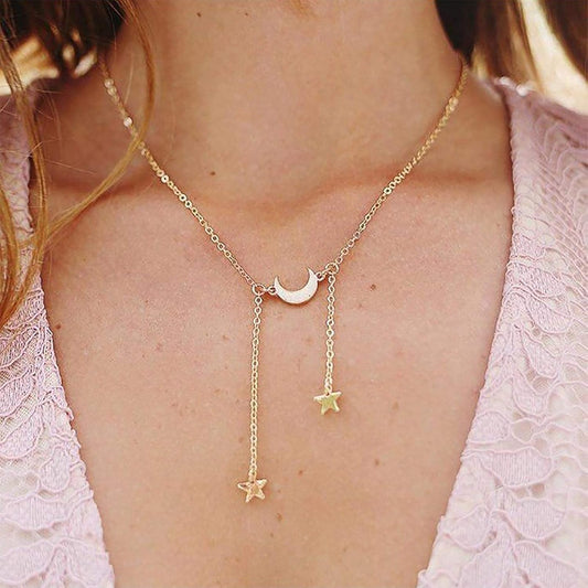 Boho Gold Y Necklace Double Star Arch Moon Pendant Necklace Fashion Star Moon Necklace Jewelry for Women