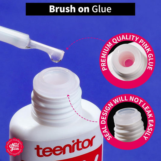 Teenitor Strong Nail Glue, 42ml Professional for Press Ons, Brush-On for Acrylic Nails, Bond With File, Long Lasting, 10 Pcs