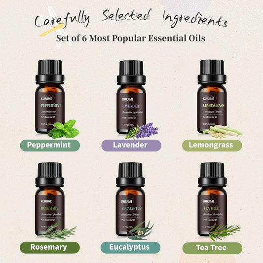 Essential Oil Set -Natural Essential Oils for Diffuser for Home, Top 6 Aromatherapy Diffuser Oils Scents, Candle Making Scents -Peppermint, Lavender, Eucalyptus, Lemongrass, Rosemary, Tea Tree (10ml)