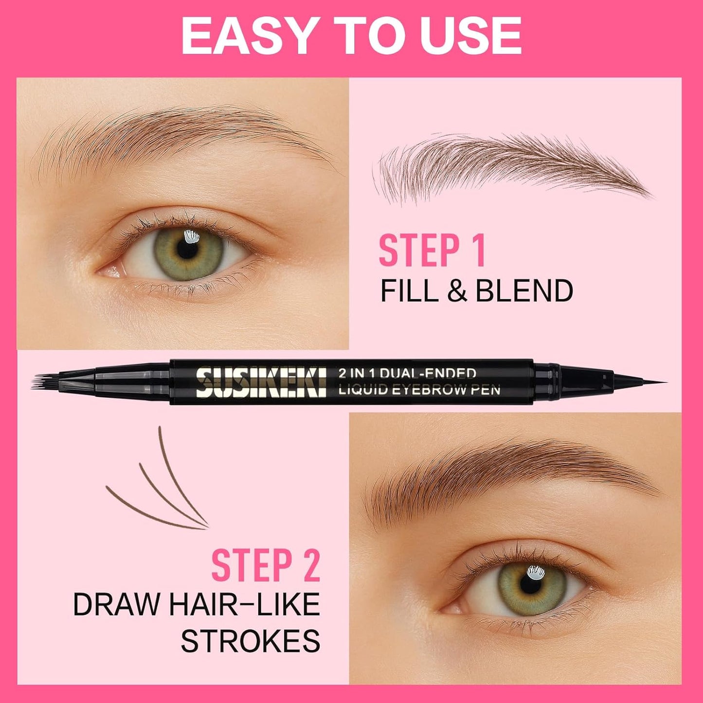 Dual Ended Microblading Eyebrow Pen - 2 in 1 Liquid Eyebrow Pencil with Brow-Fection Angled Brush & Precise Detail Brush-Tip, Shapes & Fills Hair-Like Brows, Lasts All-Day, Black Brown