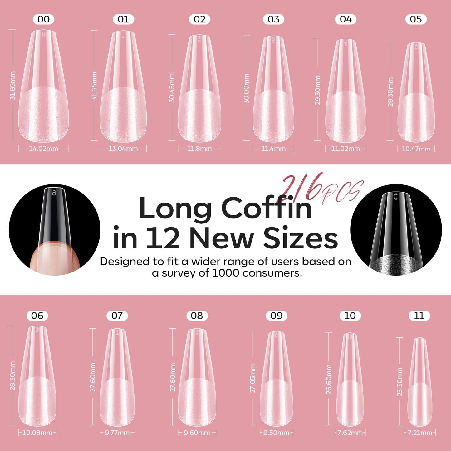 modelones Long Coffin Gel Nail Tips Kit, 9-in-One Nail Glue with Portable U V Lamp 216Pcs 12Sizes Pre-Etched Press ons Fake Acrylic Extension Kit DIY Salon Gift for Women