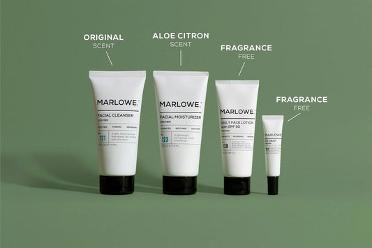MARLOWE. Mens Skin Care Set, No. 204 Daily Essential Face Kit, No. 121 Facial Cleanser, No. 123 Facial Moisturizer, No. 127 Eye Cream, No. 128 Daily Face Lotion with SPF 50, Great Gift for Men