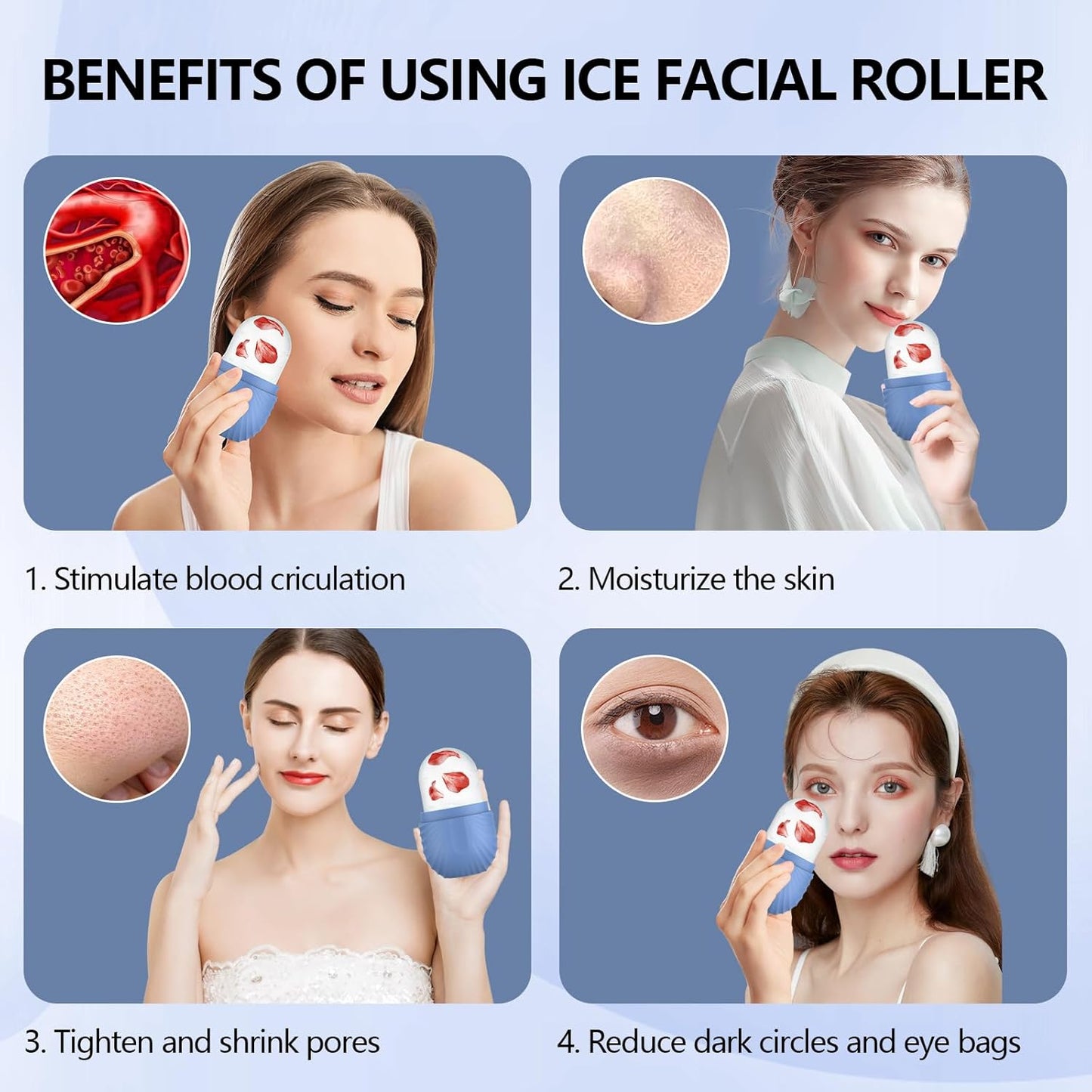 Ice Roller for Face and Eye, Silicone Ice Facial Roller Ice Holder, Face Ice Mold Skin Care, Face Icers Reusable Ice Cube Roller for Shrink Pores Anti Wrinkle Reduce Puffiness, Blue