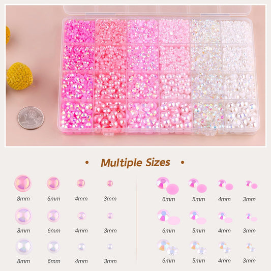 9000PCS Flatback Pearls and Rhinestones for Bedazzling, Pink White Mixed Size 3-8mm Resin Rhinestones and Half Pearls for Crafting, Nail Art and Grad Cap Decoration with Tweezers and Pickup Pencil