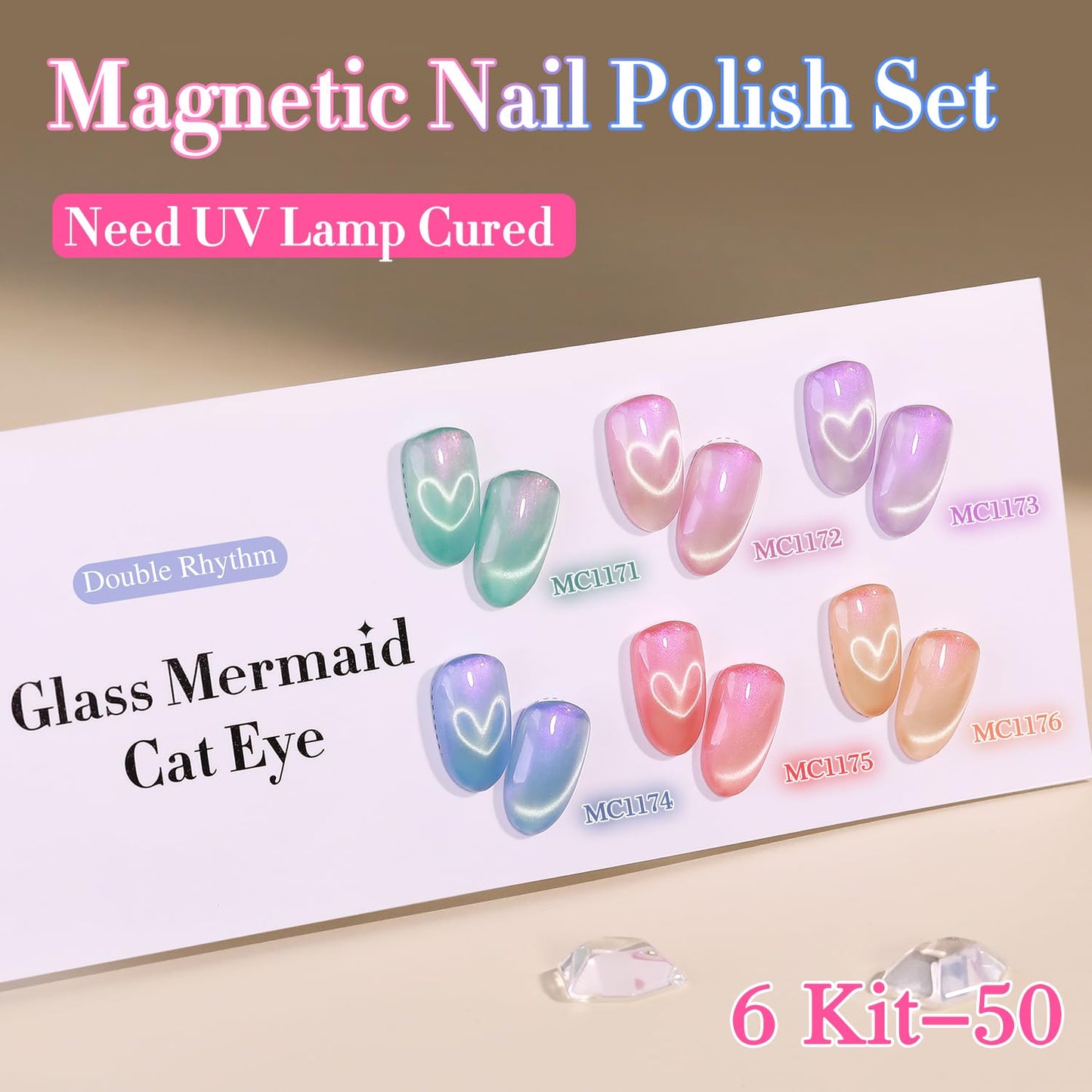 Double Rhythm 6 Colors Cat Eye Gel Polish Set Shimmer Glitter with Magnet Holographic Reflective Magnetic UV Nail Art Kit (6-Kit-50)
