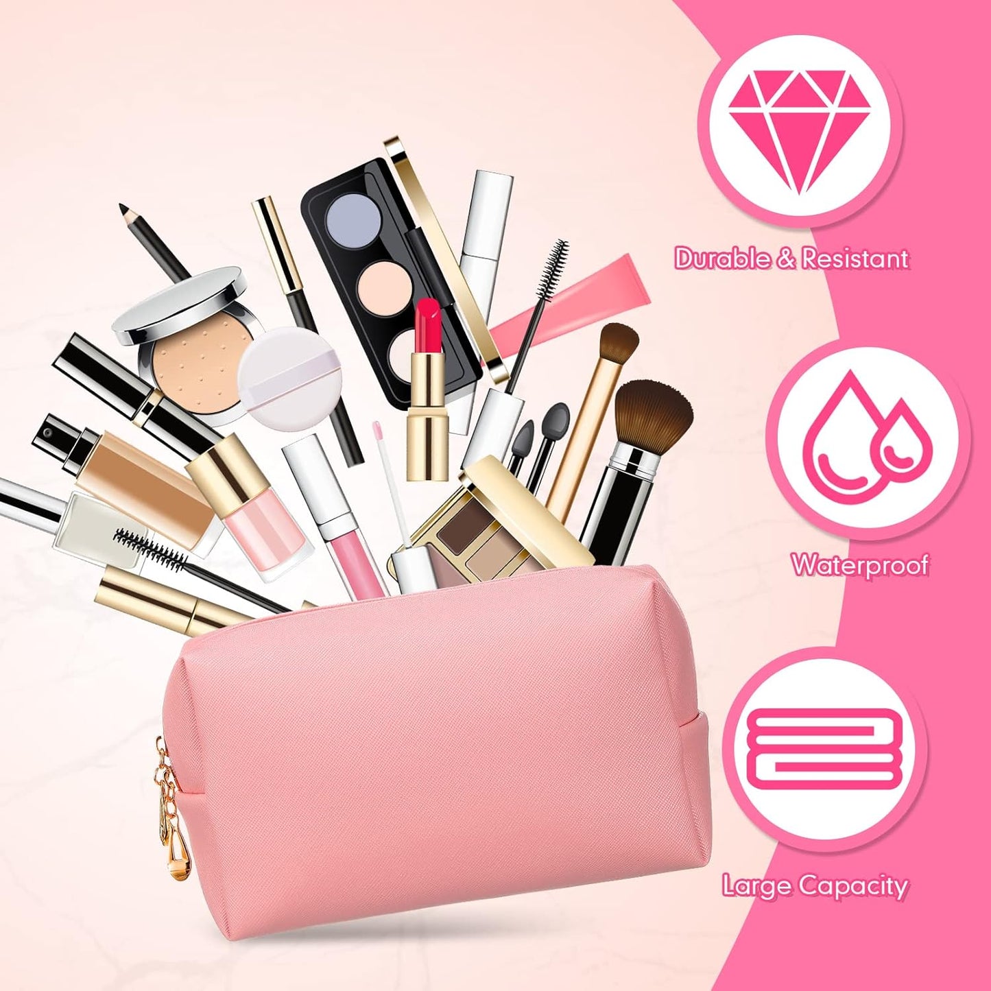 Kigeli 15 Pcs Aesthetic Makeup Bags PU Leather Cosmetic Pouches Waterproof Plain Toiletry Bags Makeup Pouches Bulk for Women Party Gift Travel Storage Organizer(Pink)