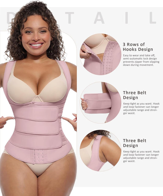 FeelinGirl Waist Trainer for Women Latex Waist Trainers Vest Plus Size Waist Cincher Corset 3 Belts Hooks Steel Bones