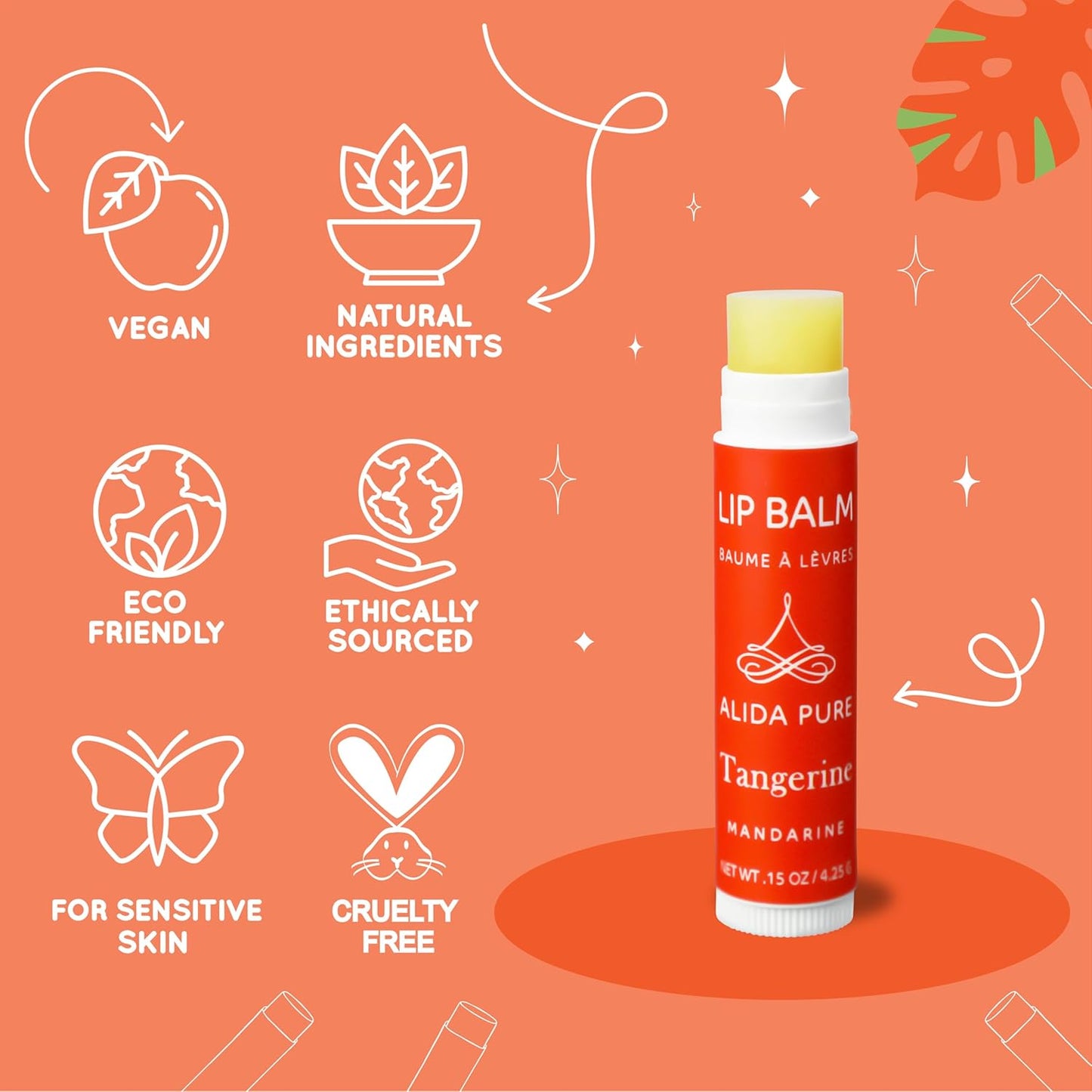 Tangerine Lip Balm, Vegan Set, Beeswax Free, with Organic Jojoba and Avocado Oil, Candelilla Wax, and Vitamin E, Natural Moisturizer For Dry, Chapped, or Cracked Lips, 3 Tube Set