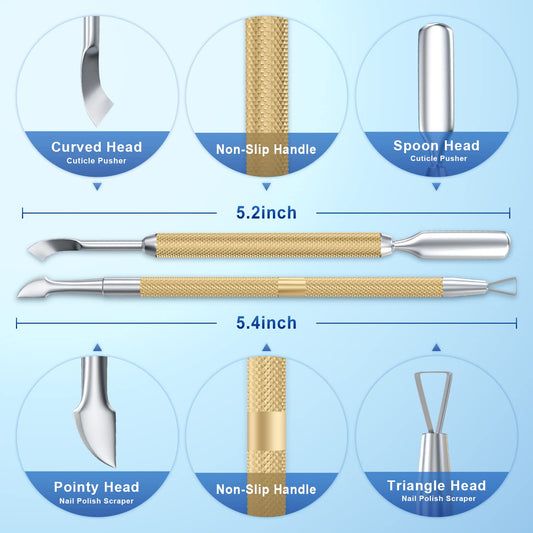 2PCS Metal Champagne Gold Cuticle Pusher and Cutter Remover Salon Quality Stainless Steel Gel Nail Polish Peeler Scraper Durable Manicure and Pedicure Cleaner Tool For Fingernail and Toenail