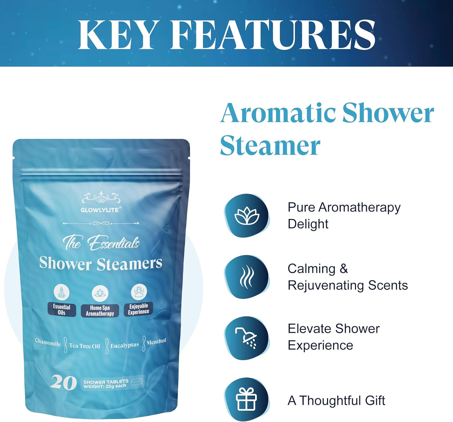 Shower Steamers Aromatherapy | 20 Pack Shower Steamers for Women & Men, Essential Oils for Stress Relief, Self Care, Gifts for Mom, Birthday, Stocking Stuffers & Christmas (Blue)