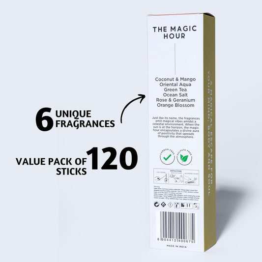 Folkulture Incense Sticks | Set of 6 (120 Organic Insence-Sticks) for Positive Aura with 45 Mins Burn Time | Non Toxic Coconut Mango, Aqua, Green Tea, Rose Geranium, Orange Blossom Inscents-Sticks