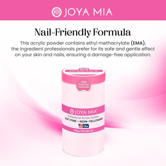 Joya Mia Acrylic Powder for Nails, MMA-Free, Super Adhesion Professional Powder for Flawless & Long-Lasting Nail Enhancements, Easy Application, Vibrant & Stunning Colors - Soft Pink, 32 oz