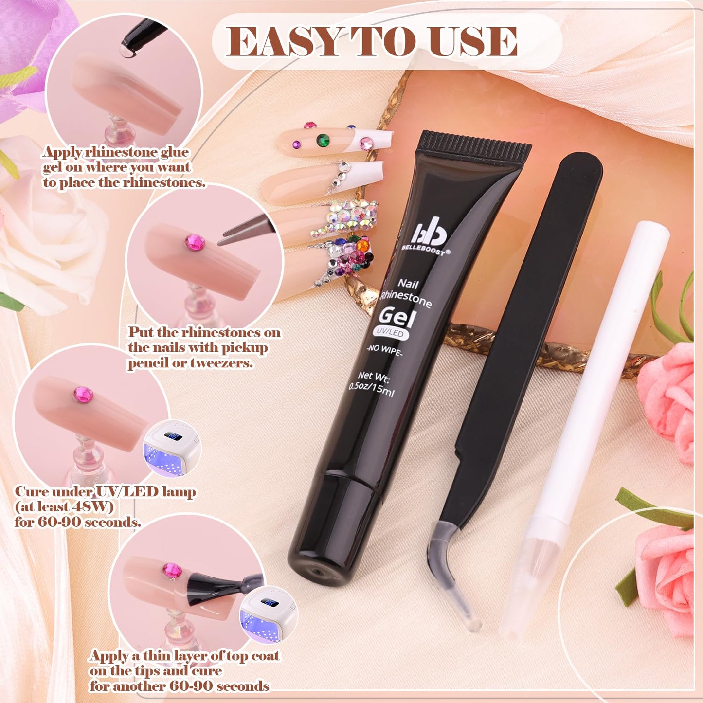 Nail Art Rhinestone Glue Gel&2 Boxes Flatback Gems Kit, 1 Tube of 15ml Rhinestone Gel Glue+Colorful Gems+Flat Back Round Glass Crystal AB&Clear Gemstones with Pickup Tools