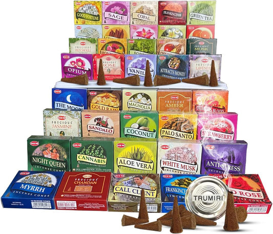 Hem Incense Cones Variety Pack of 12 Randomly Selected Fragrances and Incense Cone Holder Bundle Total 120 Cones