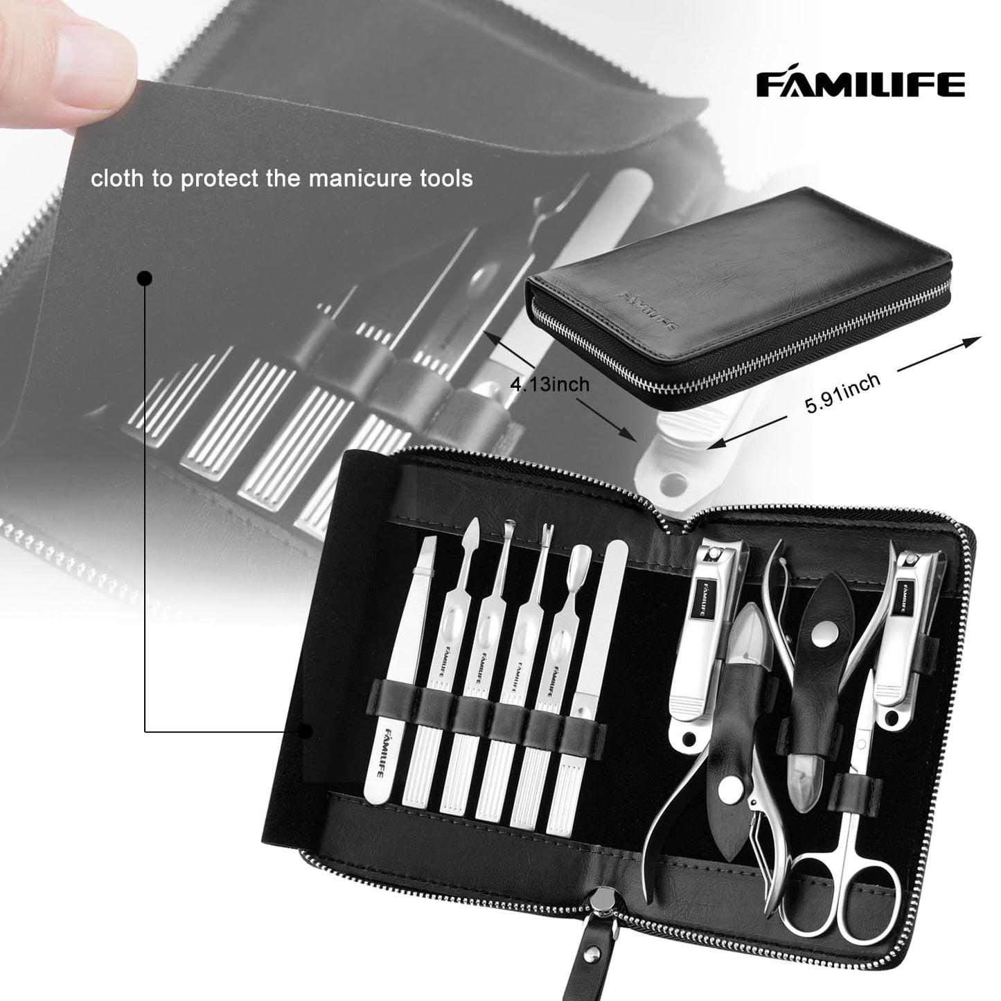 Manicure Kit, FAMILIFE Professional Manicure Set Nail Kit, 11 in 1 Stainless Steel Nail Clippers Set for Men Pedicure Kit, Men Grooming Kit with Portable Black Leather Travel Case Luxury Gifts for Him