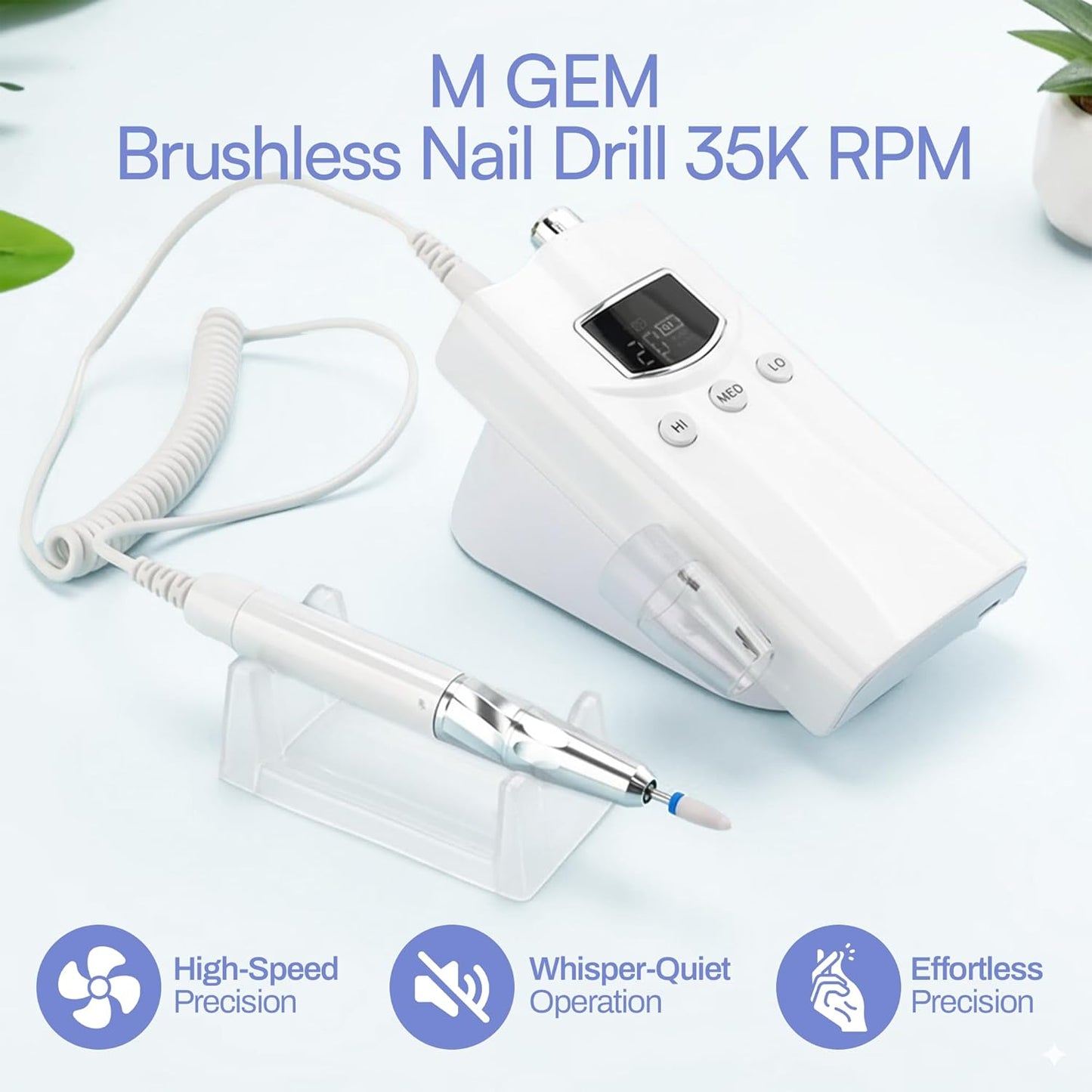 M GEM Brushless Nail Drill 35K RPM | Professional Cordless Efile Machine | Rechargeable Electric Nail File with Bits | Portable Quiet Low Vibration Tool for Acrylic, Gel, Natural Nails (Purple)