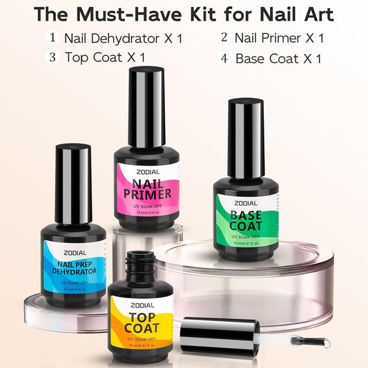 4 Pcs Nail Dehydrator and Primer with Gel Base and Top Coat - No Wipe High Glossy Long Lasting Durable Home DIY Nail Art Design Starter Kit Gift, 0.51 Fl Oz