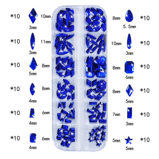 HNUIX Nail Rhinestones - 3D Multi Shape Size, Blue Nail Gems, Flat Back, with Kit, for Nail Art, DIY Decorations