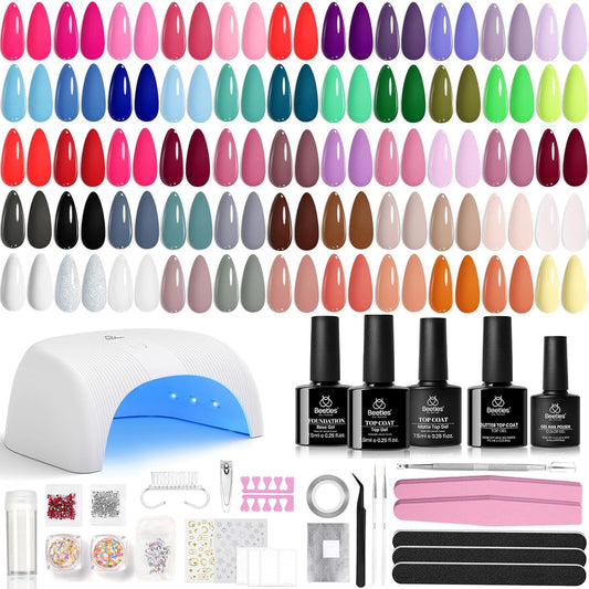 Beetles Gel Nail Polish Kit with U V Light, 55 Colors Gel Polish 81 Pcs Nail Stuff Kit for All Seasons with Base and Matte&Glossy Top Coat Color Enchantment Plus Soak Off Gifts for Women Girls Teen