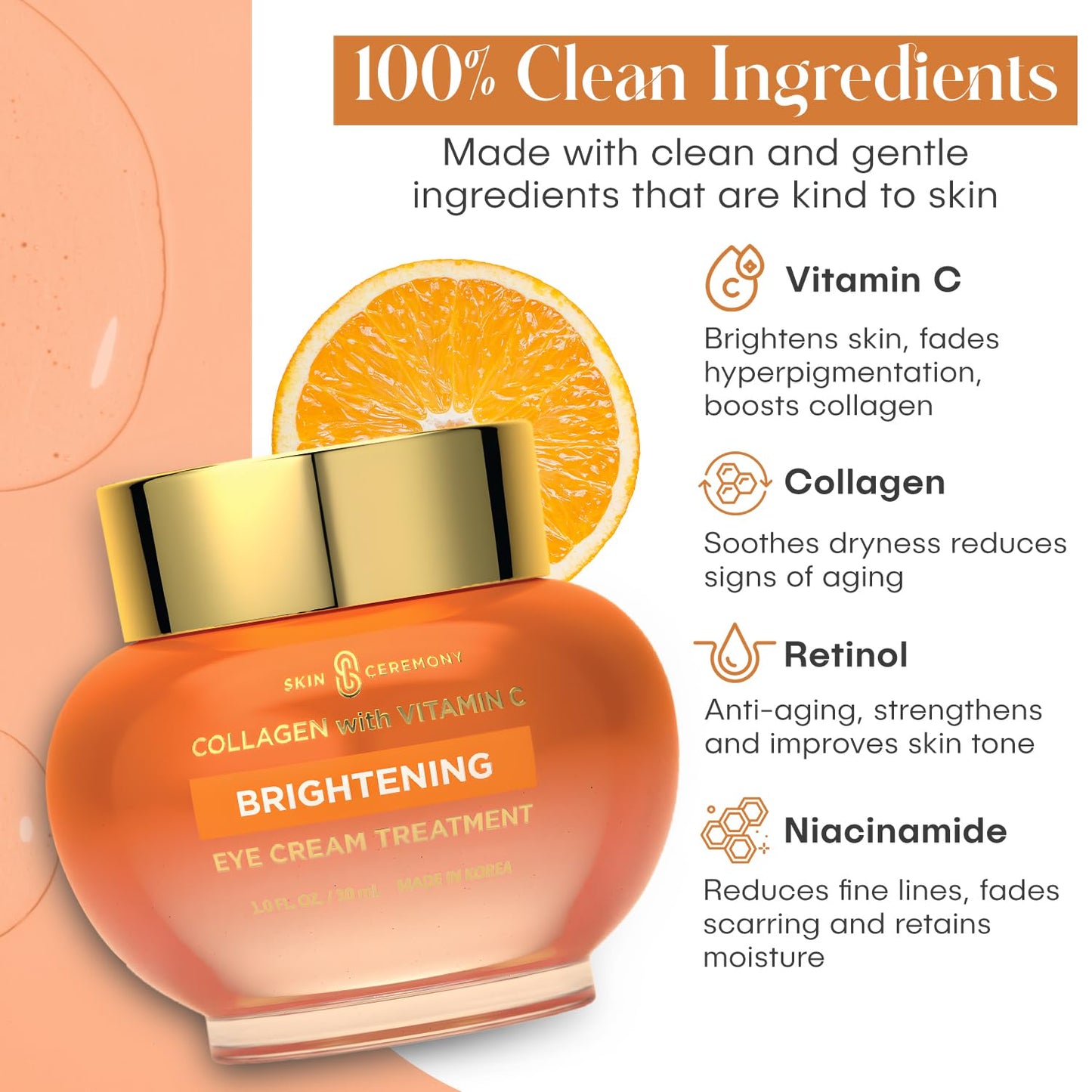 Collagen and Vitamin C Brightening Eye Cream - Hydrates and Rejuvenates Skin - Helps reduce Puffines & Dark Circles - Skin Care Made in Korea - 1.0 FL.OZ.