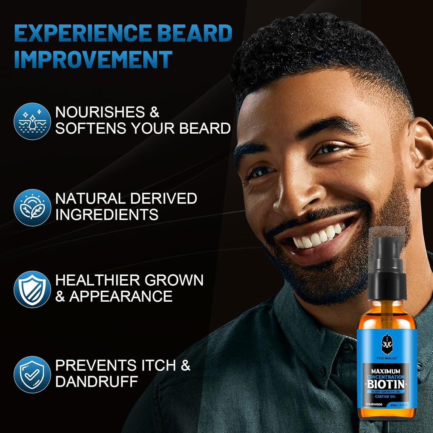Beard Oil,Maximun Thickening Biotin, with Castor Oil and Argan & Jojoba Oils, Promotes Beard Growth, Styles, Strengthens & Softens Beards & Mustaches,1 Ounce*2（2 Pack）
