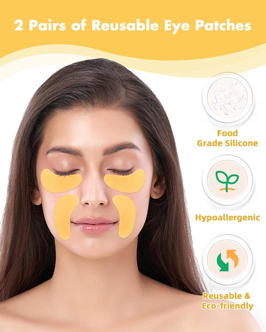Under Eye Patches Silicone - 2 Pairs Reusable Eye Patches, Eye Wrinkle Patches, Reusable Under Eye Mask, Plump Fine Lines & Wrinkles, with Metal Eye Cream Applicator, Tin Case, Gold