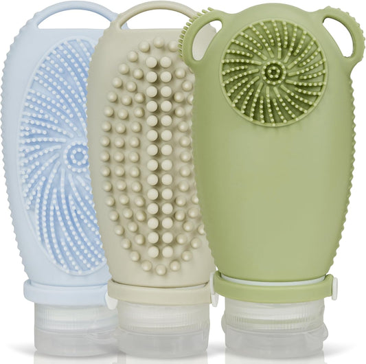 Sumina Silicone Travel Bottles 3 Pack (3.4oz) – TSA-Approved Leak-Proof Toiletry Containers with 2-in-1 Built-In Exfoliating Scrubber – Refillable for Travel, Gym & Skincare