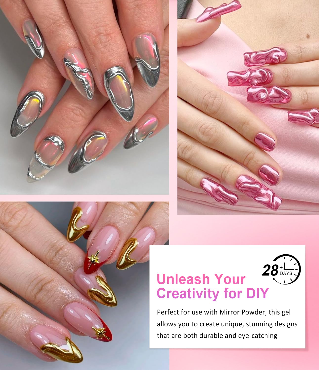 3D Nail Gel - Rose Gold Chrome Nail Powder 15g Clear 3D Sculpting Gel Non-Sticky Hand Hard Gel Carving Gel with Laser Copper Chrome Powder for Nail Art Home DIY